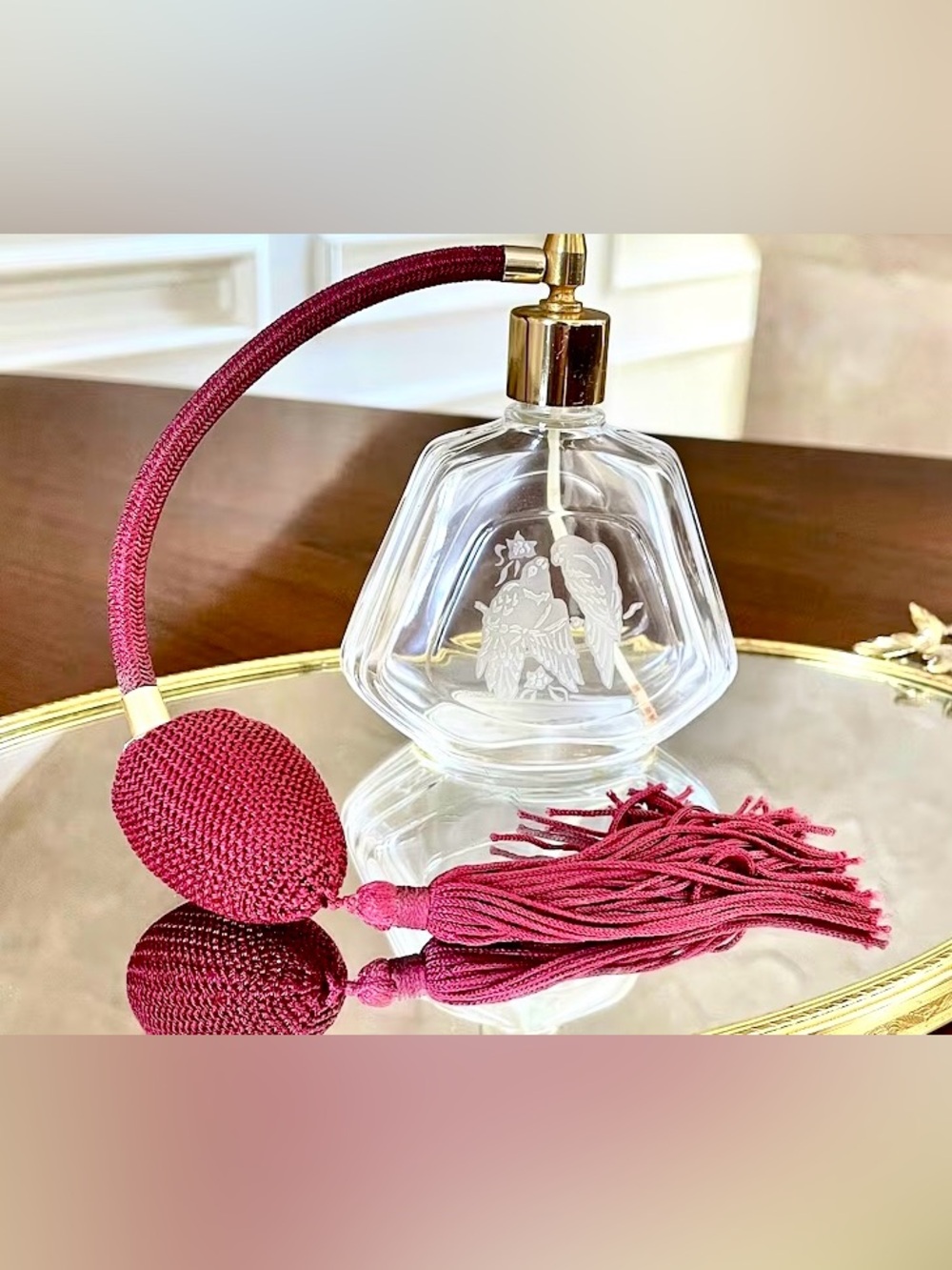 Vtg./New Crystal Boddle 2 Birds Etched Glass Perfume Atomizer with Burgundy Bulb